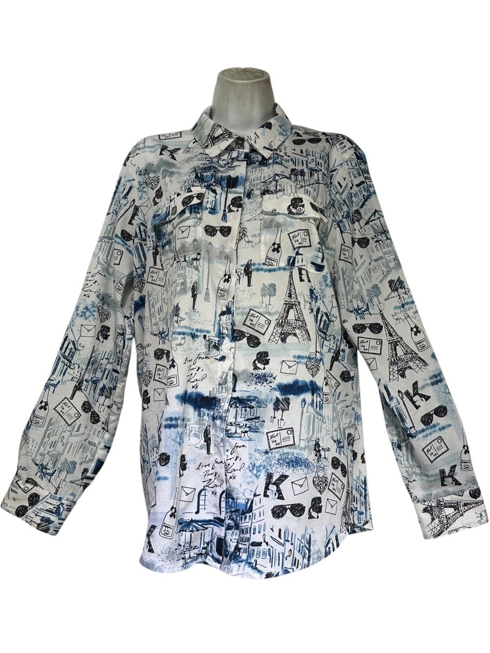 Karl Lagerfeld Paris Women’s Size L Blue Eiffel Tower Print Button Shirt